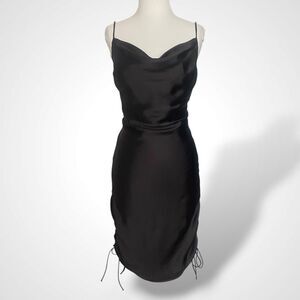 Zara Black Cowl Neck Draped Satin Midi Dress Size M Sleeveless Spaghetti Strap